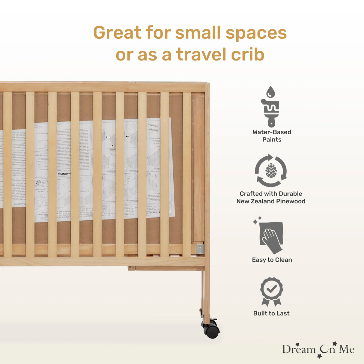 Dream On Me Quinn Full-Size Folding Crib in Natural, Removeable Wheels, Modern Nursey, Adjustable Mattress Support, Portable Crib, Patented Folding System Dream On Me