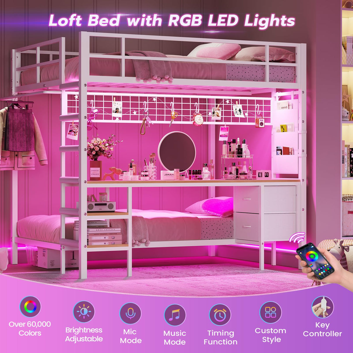 DICTAC Full Over Twin Size Bunk Bed with Desk and Led Lights Metal Loft Bed Frame with Charging Station,Storage Shelves and Drawers for Teen & Adults,Safety Guard & Ladder,No Box Spring Needed,White DICTAC