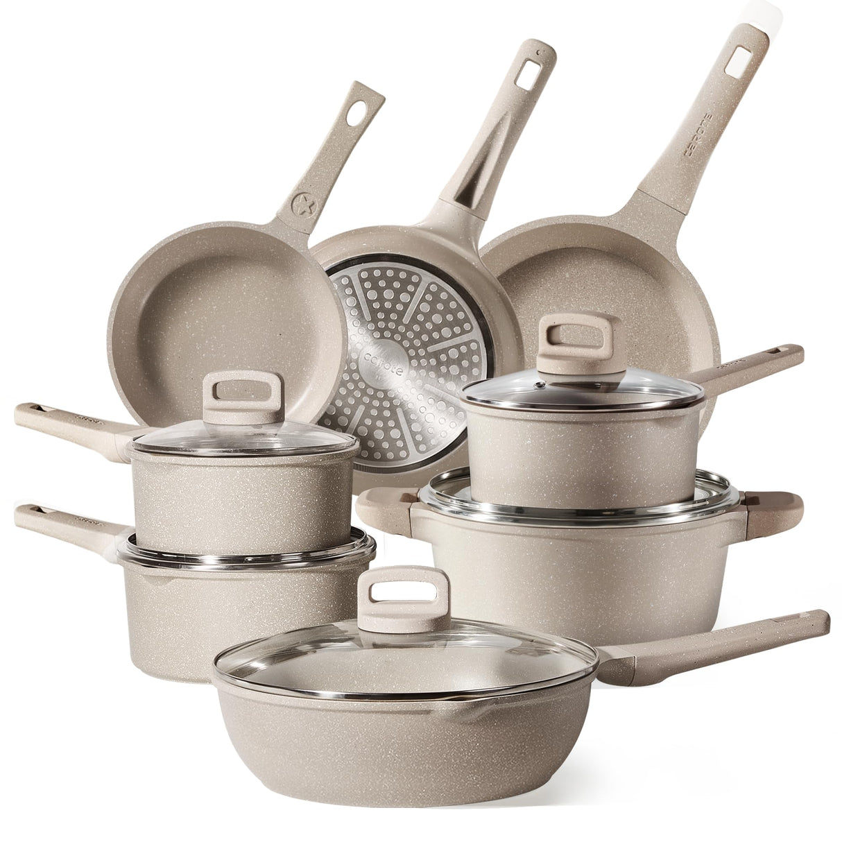 CAROTE 13pcs Taupe Kitchen Pots and Pans Set non stick, Nonstick Cookware Set, Frying pans, Kitchen Essentials, Large Capacity, Induction avaialable CAROTE