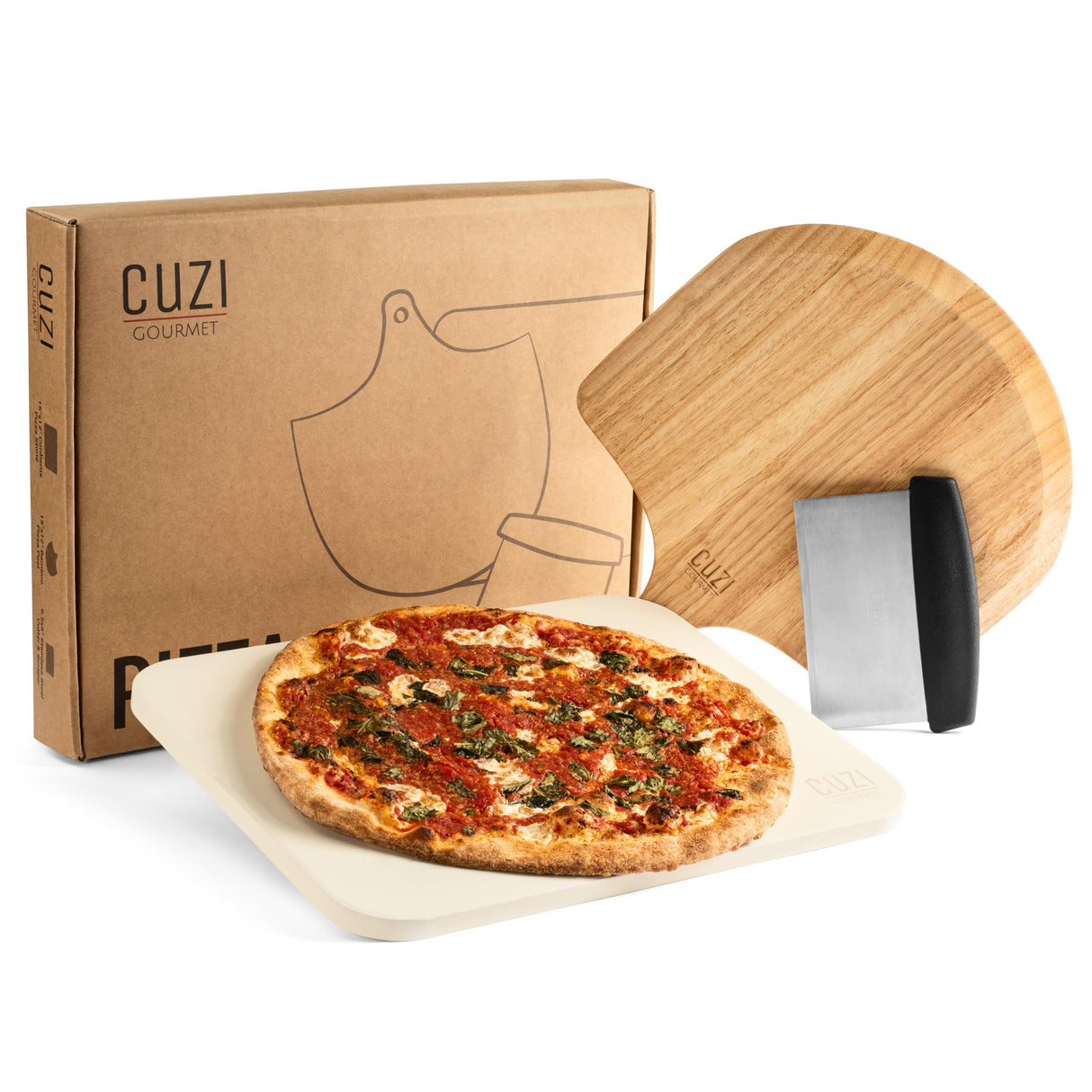 Cuzi Gourmet 3-Piece Pizza Stone Set - 15x12" Thermal Shock Resistant Cordierite Pizza Stone, 15x12" Natural Wood Pizza Peel & Pizza Cutter - Pizza Stone for Grill and Oven Cuzi Gourmet