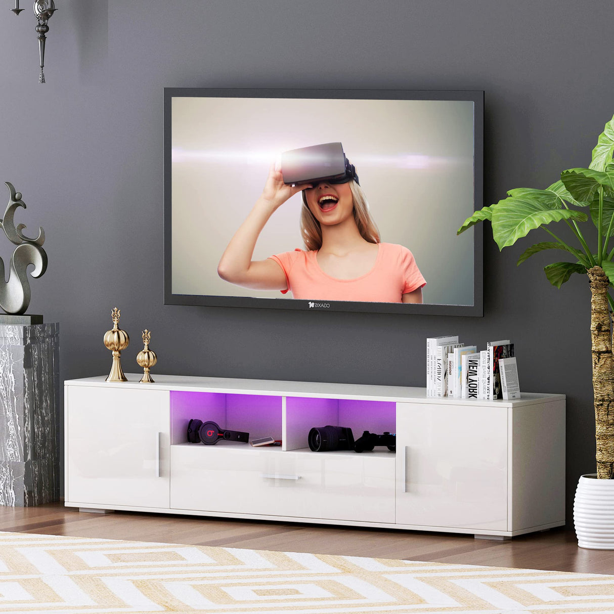 HaiQiwawo LED TV Stand for 75 Inch TV, High Gloss White 75 Inch TV Console Table, Modern Mirrored Entertainment Center with Storage Drawers and Lights for Living Room Gaming Room and Bedroom HaiQiwawo