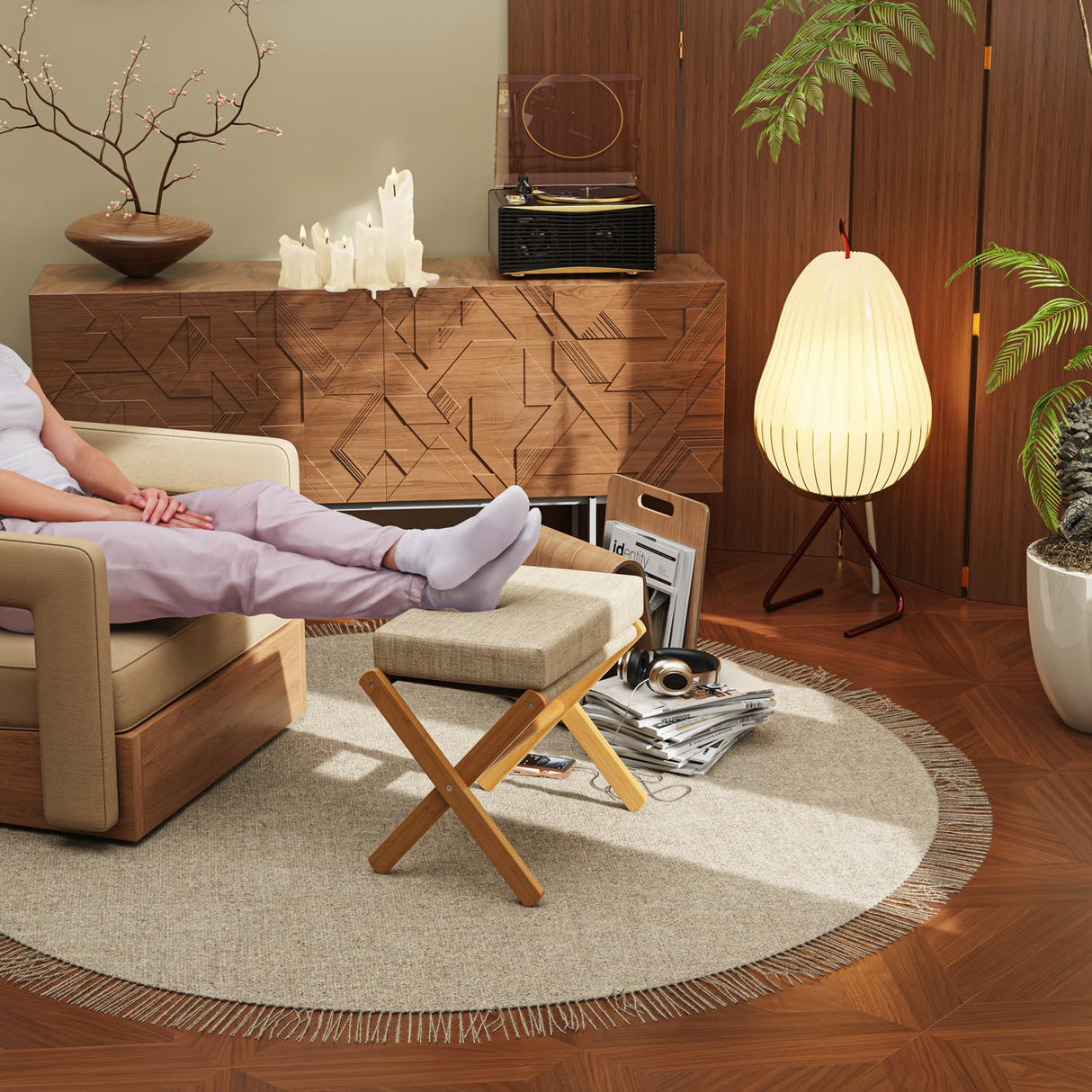 BAMBOOHOMIE Foldable Foot Stool Ottoman, Modern Foot Rest with Bamboo X Legs & Thick Foam Cushion, Folding Foot Stools Small Padded for Bedroom Living Room, Makeup Vanity Stool Chair (Natural - Brown) BAMBOOHOMIE