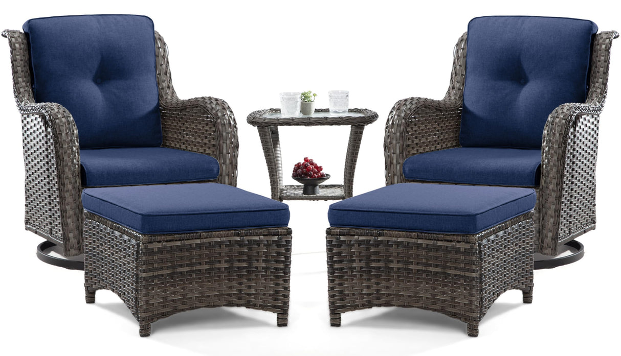 Joyside 5 Piece Outdoor Patio Furniture Set Wicker Conversation Bistro Set Swivel Rocking Chairs with Side Table and Ottomans for Backyard, Porch, Deck(Mixed Grey/Blue) Joyside
