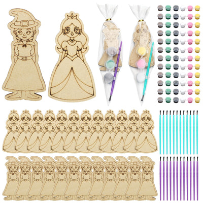Honoson 24 Set Paint Your Own Witch and Princess Crafts DIY Wooden Painting Craft Kit Pink and Green Color Your Own Witch Princess for Birthday Gifts Party Favors