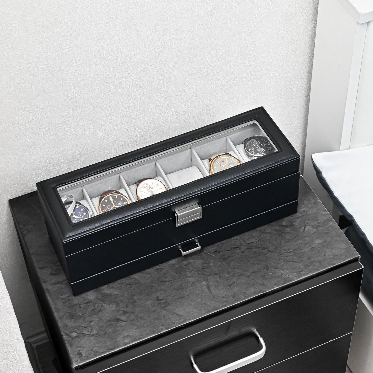 ProCase Watch Box for Men, 6 Slot Watch Display Case with Drawer, Mens Watch Case With Glass Lid, 2-Layer Jewelry and Watch Storage Watch Holder Organizer for Men Women -6 Slot, Black ProCase