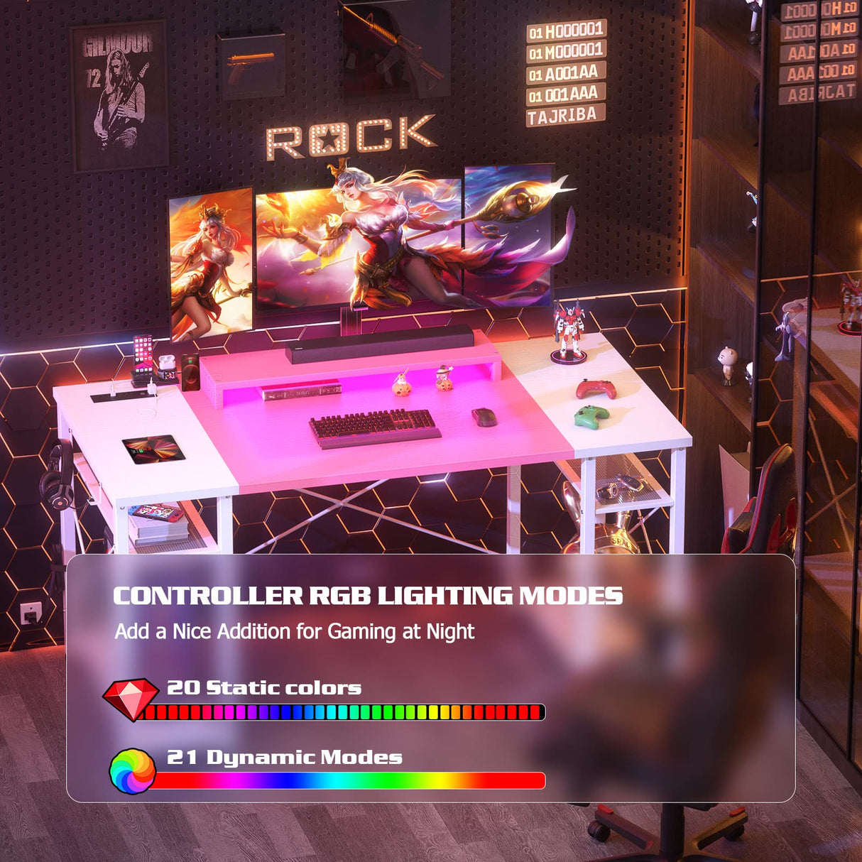 armocity Computer Desk with LED Lights, 55 Inch Desk with Power Outlet and USB, Reversible Large Desk with Moveable Monitor Stand, 55.2'' Gaming PC Table for Home Office, Workstation, Pink and White armocity