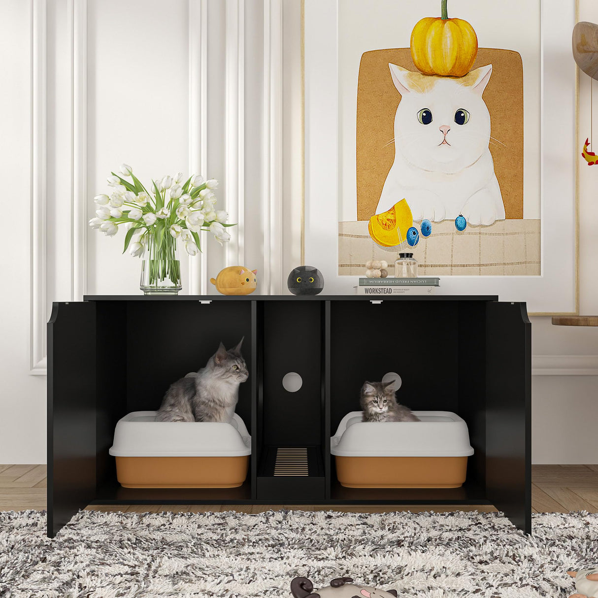 DAWNSPACES Large Cat Litter Box Enclosure for 2 Cats, Modern Wood Stackable Large Cat Washroom Storage Cabinet Bench End Table Furniture,with Removable Litter Box, Black DAWNSPACES