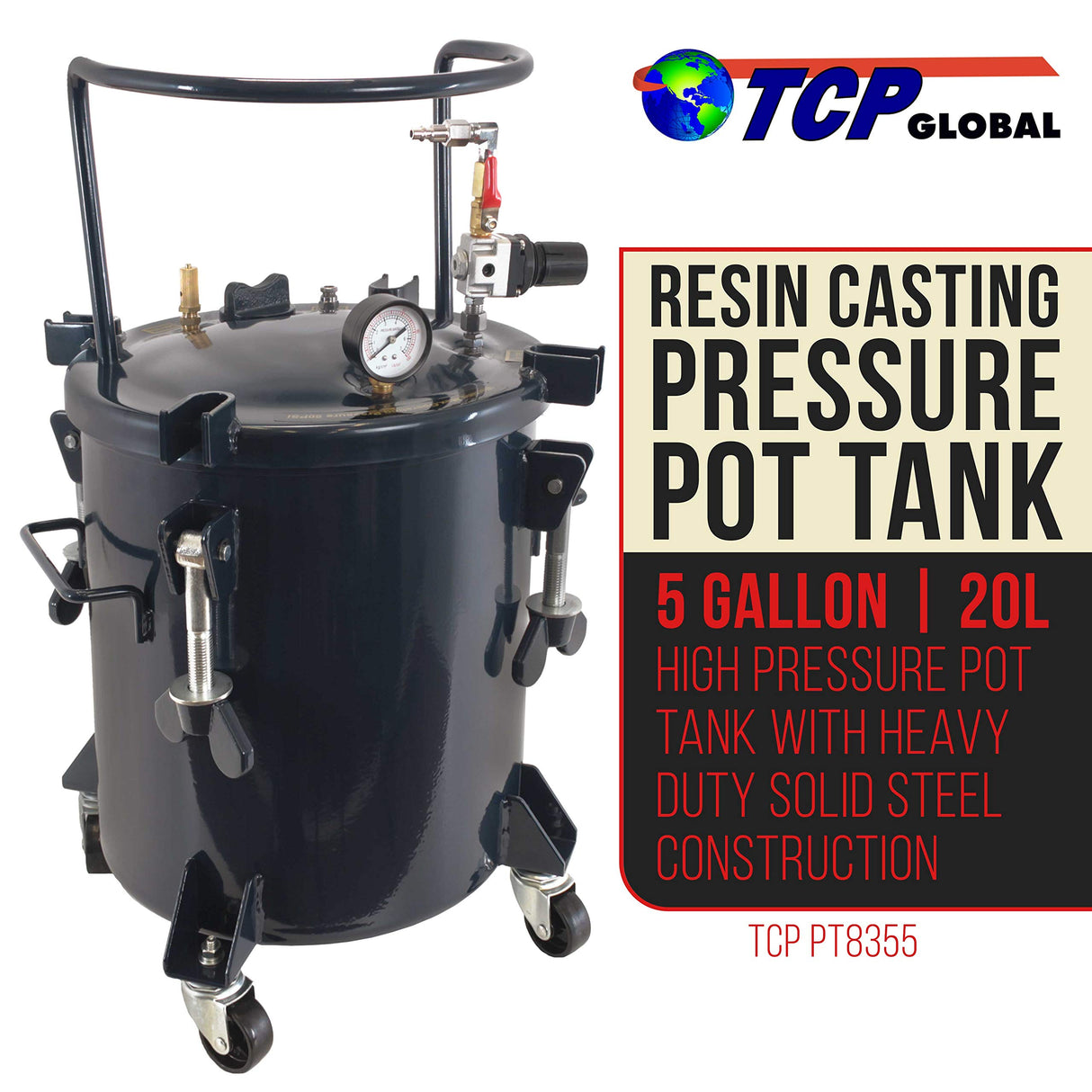 TCP Global 5 Gallon (20 Liters) Pressure Pot Tank for Resin Casting - Heavy Duty Powder Coated Pot with Air Tight Clamp On Lid, Caster Wheels, Regulator, Gauge - Use for Curing Resin in Casting Molds TCP Global