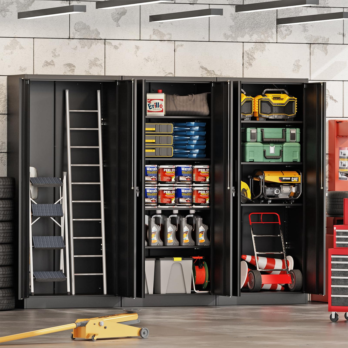 Maemttes 72" Metal Storage Cabinet with Doors and Shelves, Tall Garage Cabinets Lockable File Cabinet, Heavy-Duty Locker Cabinet Tool Cabinets for Garage, Office, Home, Kitchen (Black) Maemttes