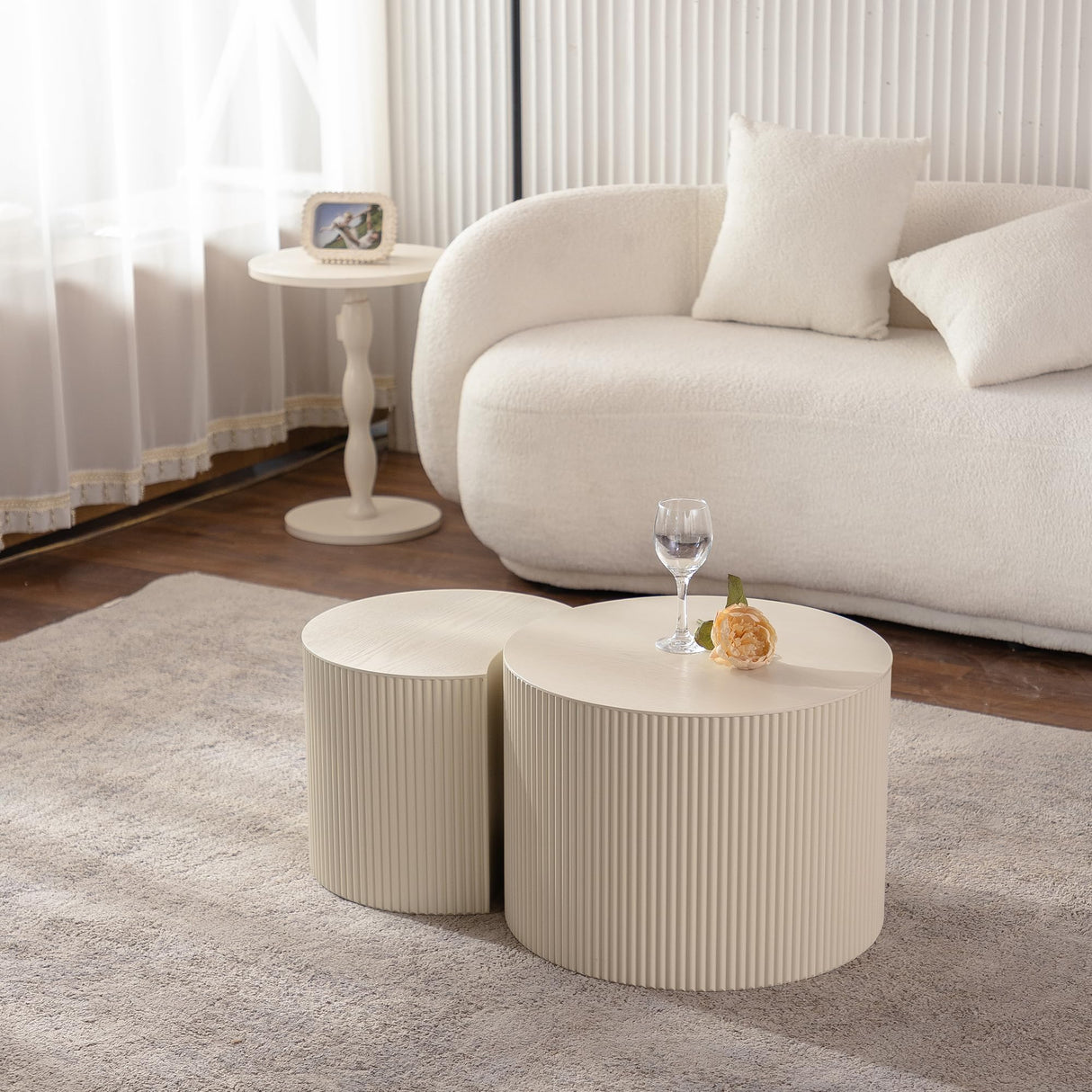 Round Nesting Coffee Table Set of 2, Modern Handcraft Wood Fluted Drum Circle Side Table Small Minimalist Unique Tea End Table for Living Room, No Assembly Required, 27.56" &19.69", Crescent Beige SLEERWAY