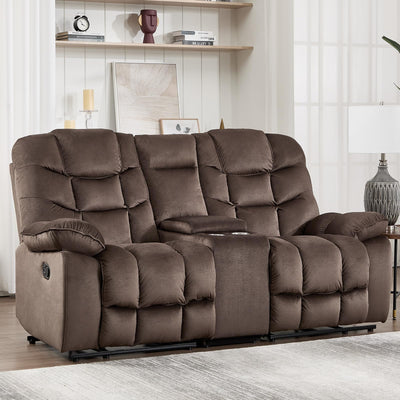HAOMARKETS Manual Reclining Loveseat Sofa for Living Room, 77" Wide Overstuffed 2-Seater Recliner Couch with Cup Holders & Storage Console, Breathable Fabric, Brown