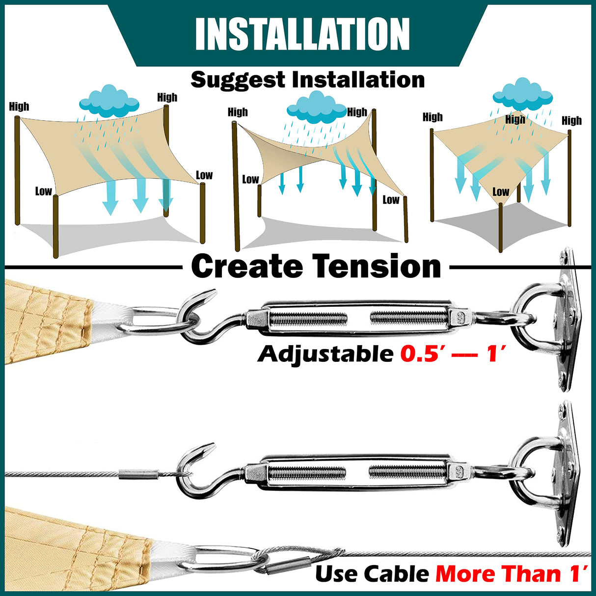 Royal Shade 14' x 14' Beige Square Waterproof Sun Shade Sail Canopy Awning, UPF50+ 98% UV Blockage & Water Resistant rsTADS14, Outdoor Backyard Patio Garden Carport (We Make Custom Size) Royal Shade