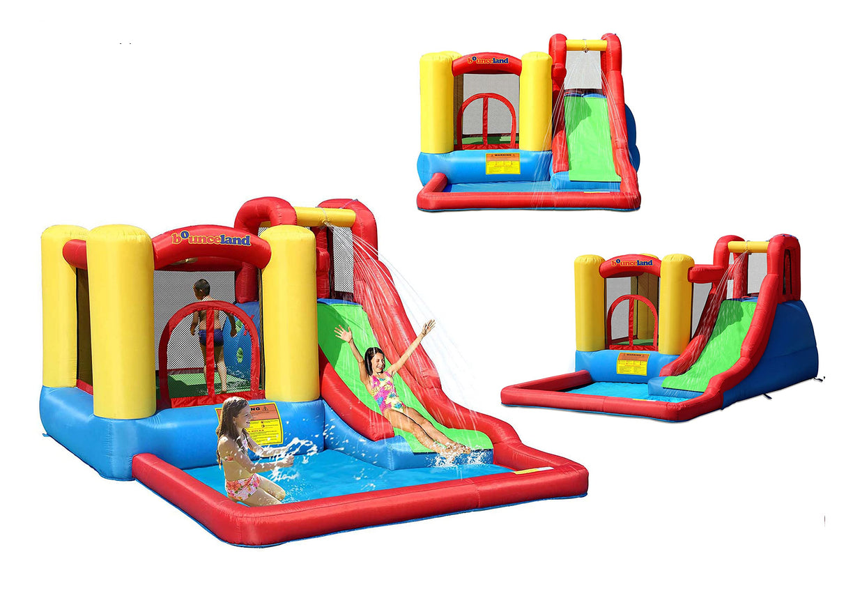 Bounceland Jump and Splash Adventure Bounce House or Water Slide All in one, Large Pool, Fun Bouncing Area with Basketball Hoop, Long Slide with Climbing Wall, UL Certified Blower Included Bounceland