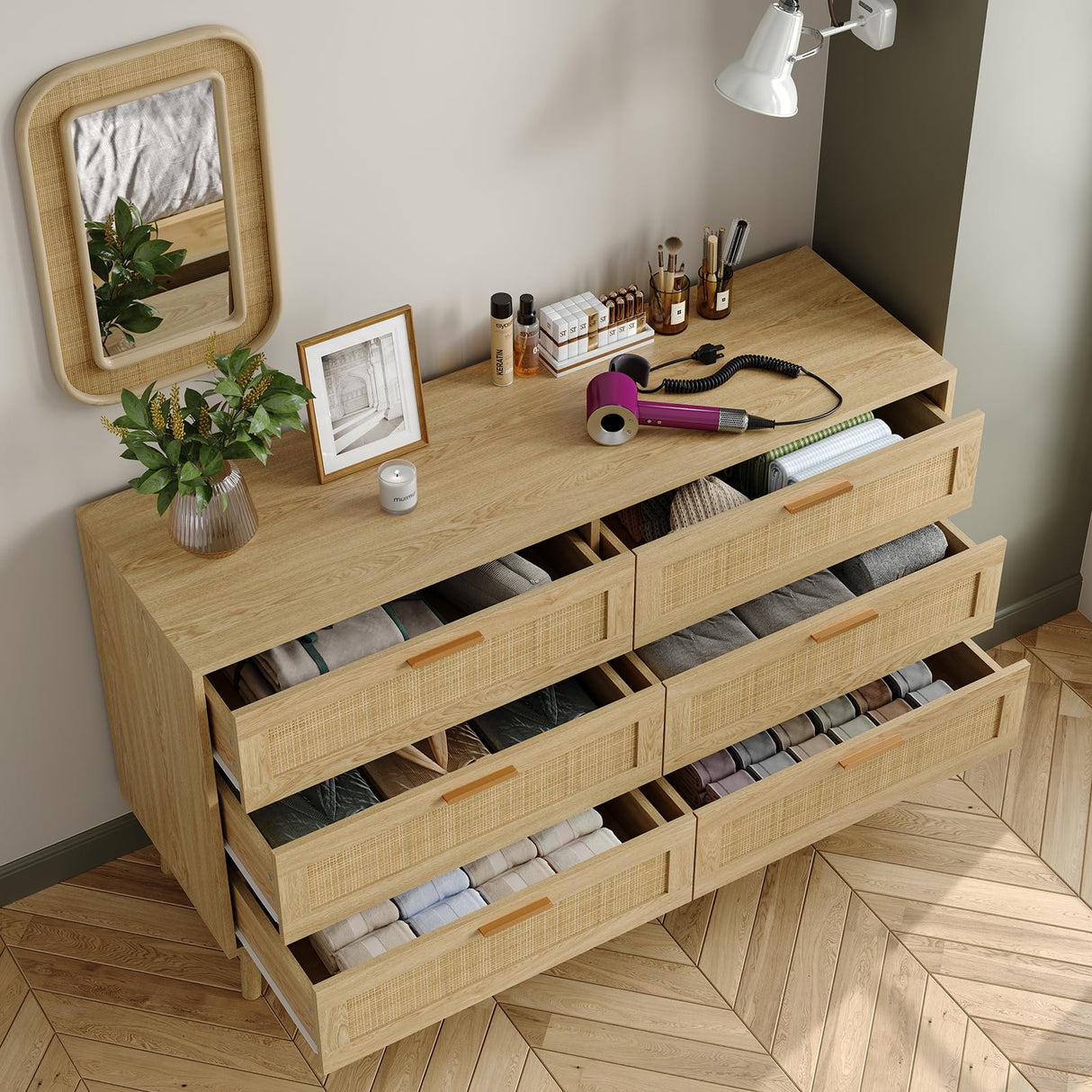 Furniouse 6 Drawer Double Dresser for Bedroom, 47.3" Rattan Chest of Dressers with Storage and Gold Handle, Natural Rattan Dresser for Living Room, Hallway, Entryway Furniouse