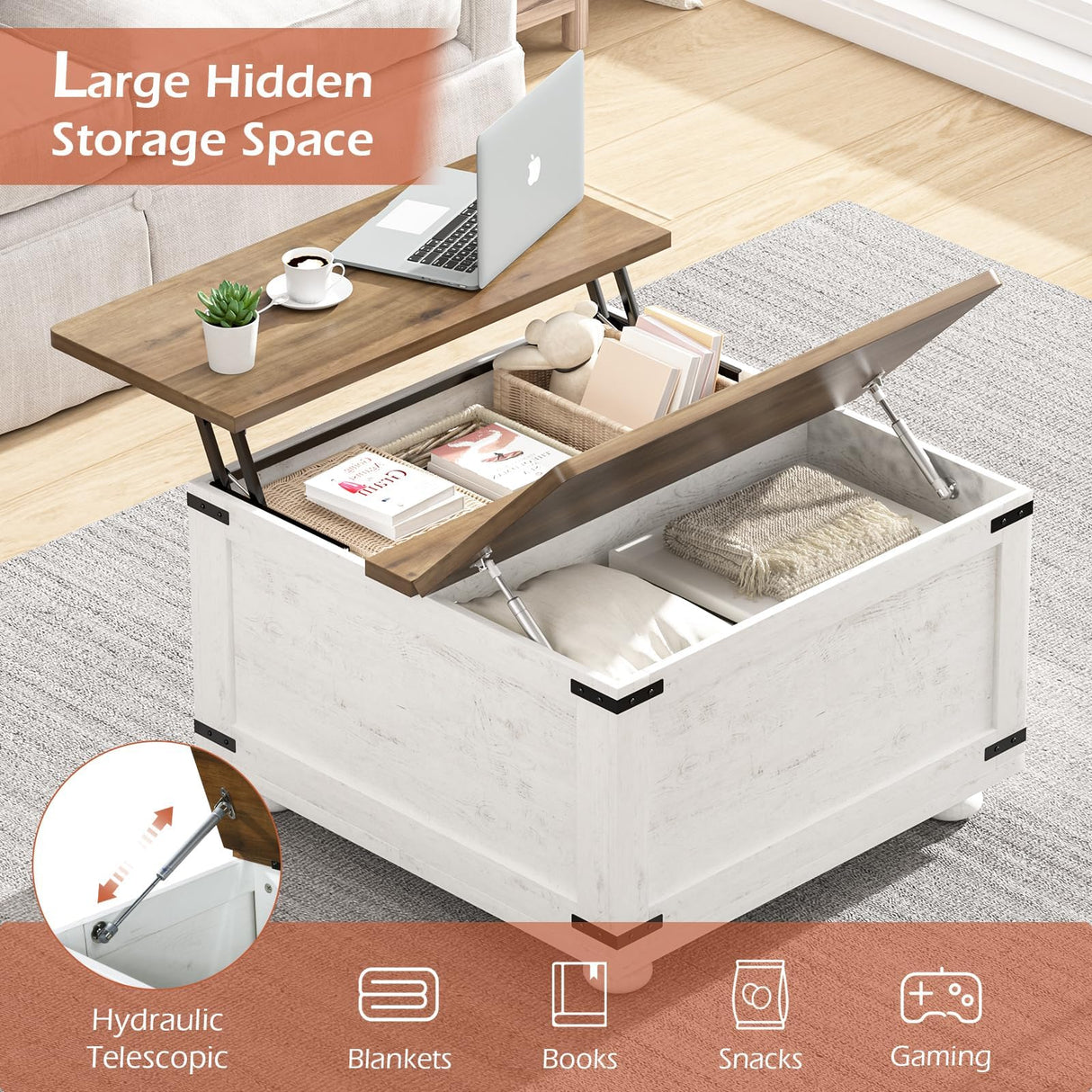 Farmhouse Lift Top Coffee Table with Storage, White Coffee Table with Hydraulic Gas Rod, Large Coffee Table with Wood Gourd Feet, Square Coffee Table with Large Hidden Storage for Living Room MaverickFurni