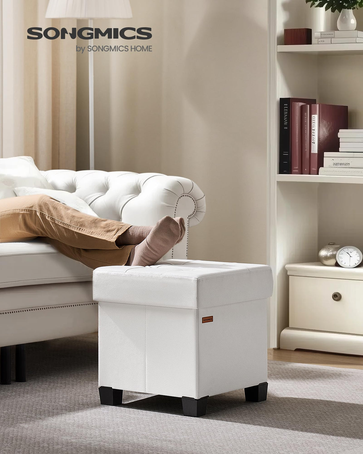 SONGMICS Storage Ottoman, Cube Ottoman with Legs, 15 x 15 x 15.7 Inches, Footstool, Footrest, 10 Gal. (37 L), Synthetic Leather, for Bedroom, Living Room, Dorm, Cloud White ULSF0512W02 SONGMICS