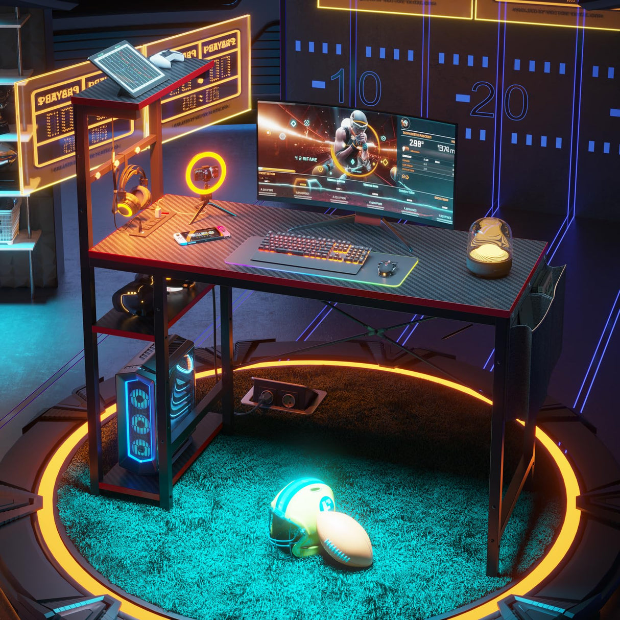 Bestier Gaming Desk with Power Outlets, 44 Inch Led Gamer Desk with 4 Tiers Reversible Shelves, PC Gaming Table with Headset Hook & Side Storage Bag for Bedroom (Black 3D Carbon Fiber) Bestier