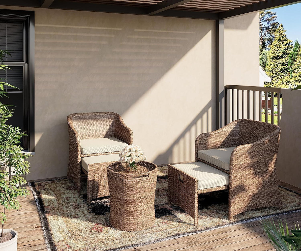 LHBcraft Outdoor Patio Wicker 5-Piece Furniture Set, No Assembly Required All-Weather Rattan Conversation Bistro & Storage Table for Garden, Porch, Balcony and Deck (Beige) LHBcraft