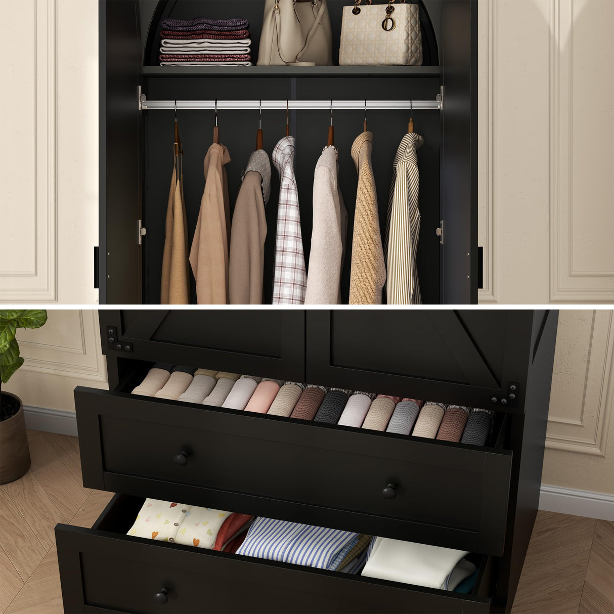 Gyfimoie 74.8" Black Armoire Wardrobe Closet with 2 Drawers and 2 Doors, Tall Bedroom Freestanding Armoire Storage Cabinet with Shelves, Wood Large Wardrobe Combination for Hanging Clothes (Black) Gyfimoie