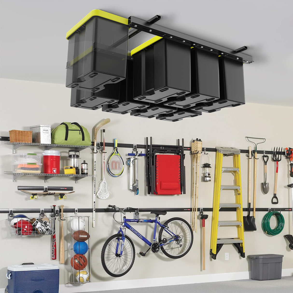 BEAMNOVA Overhead Garage Storage Rack,Ceiling Bin Rails Storage Heavy Duty Metal Garage Ceiling Storage Racks,Overhead Tote Storage Rail System,Overhead Bin Storage (Black) 48" x 48" BEAMNOVA