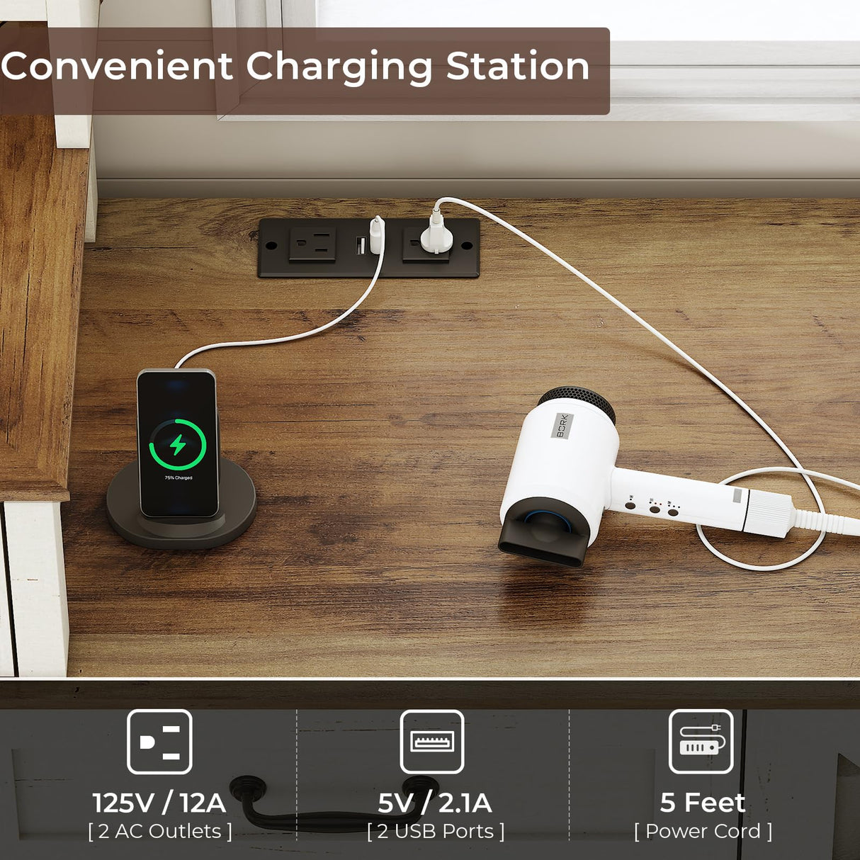 BTHFST Farmhouse Vanity with Glass Top & Charging Station, Vanity Desk with Touch Screen Mirror and Lights, Makeup Vanity with 5 Drawers & Shelves & Cabinet, Antique White BTHFST