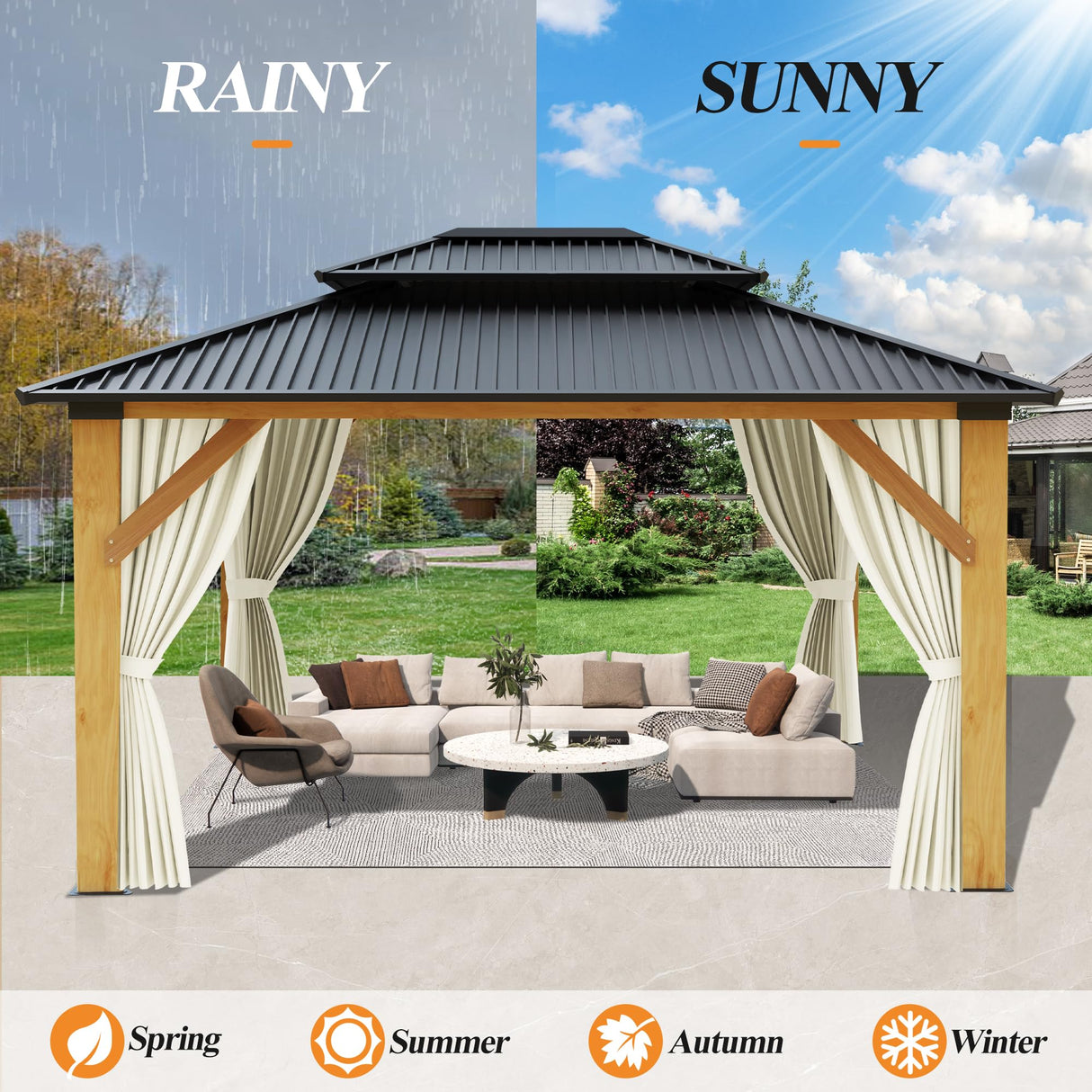 GARTOO 13’x15’ Patio Wooden Gazebo, Galvanized Steel Roof Gazebo with Privacy Curtains and Netting, Double Vented Roof Hardtop Gazebo for Garden, GARTOO