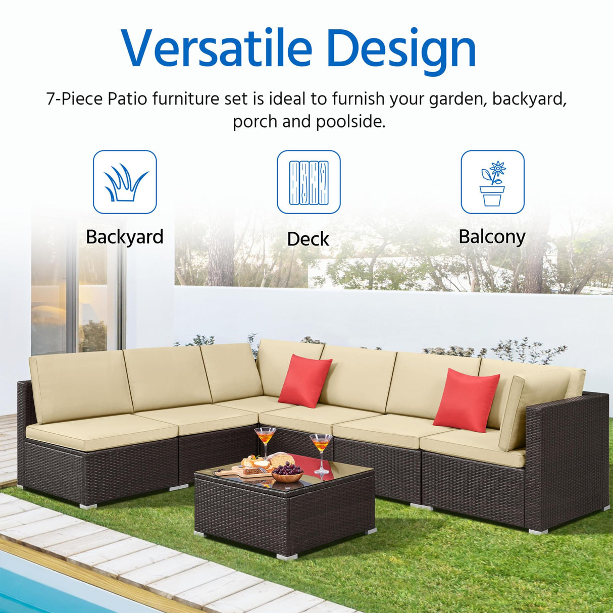 Yaheetech Patio Furniture Set, 7-Piece Outdoor/Indoor Rattan Wicker Sofa Set w/Glass-top Table & Cushions, All-weather Conversation Lounge Set for Porch/Yard/Poolside/Balcony - Brown/Khaki Yaheetech