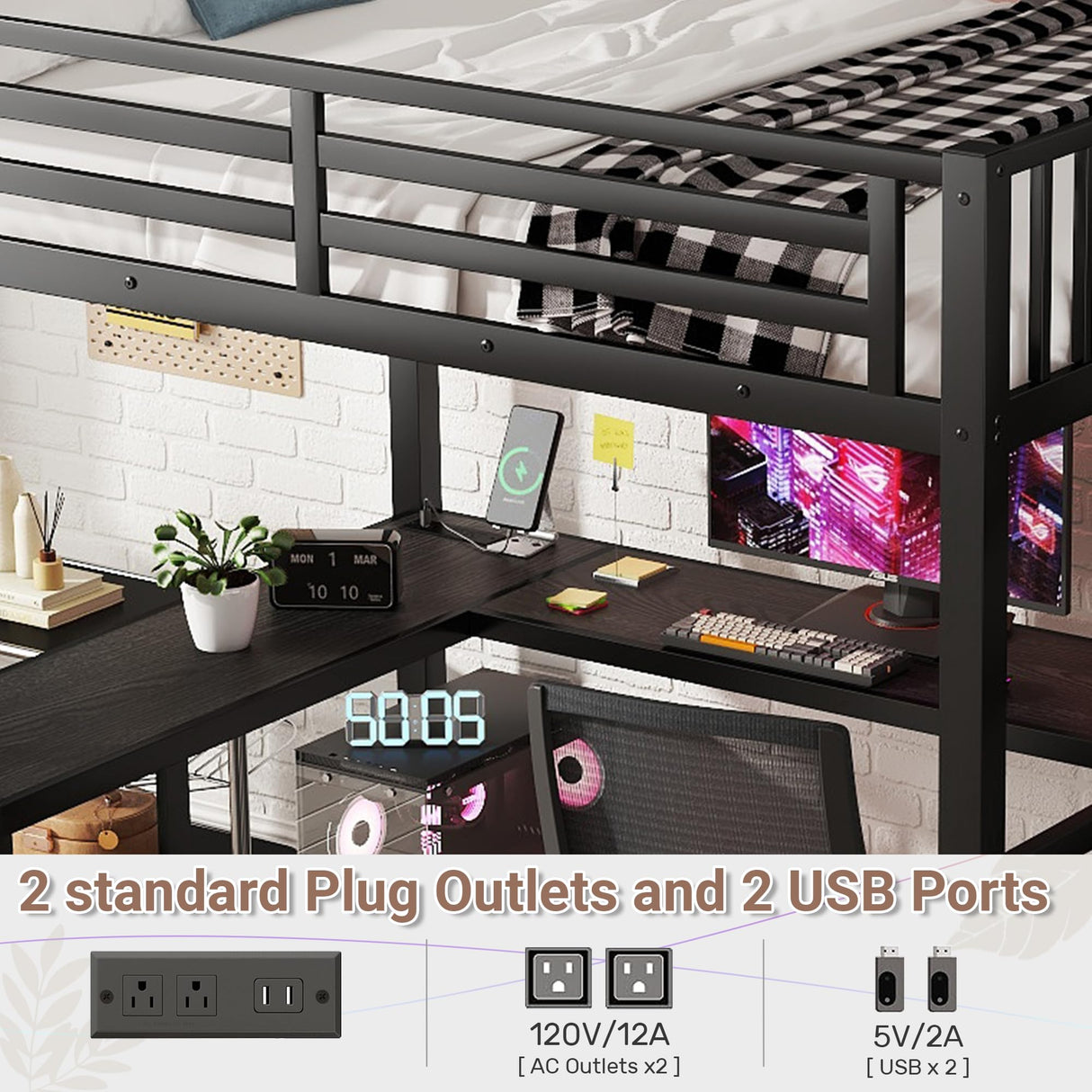 Full Size Loft Bed with Desk and Stairs, Gaming Loft Bed with RGB LED Light and Storage, Heavy-Duty Metal Lofts Beds Frame with Wardrobe, Shelves and Charging Station for Adults Kids Teens, Black Mirightone