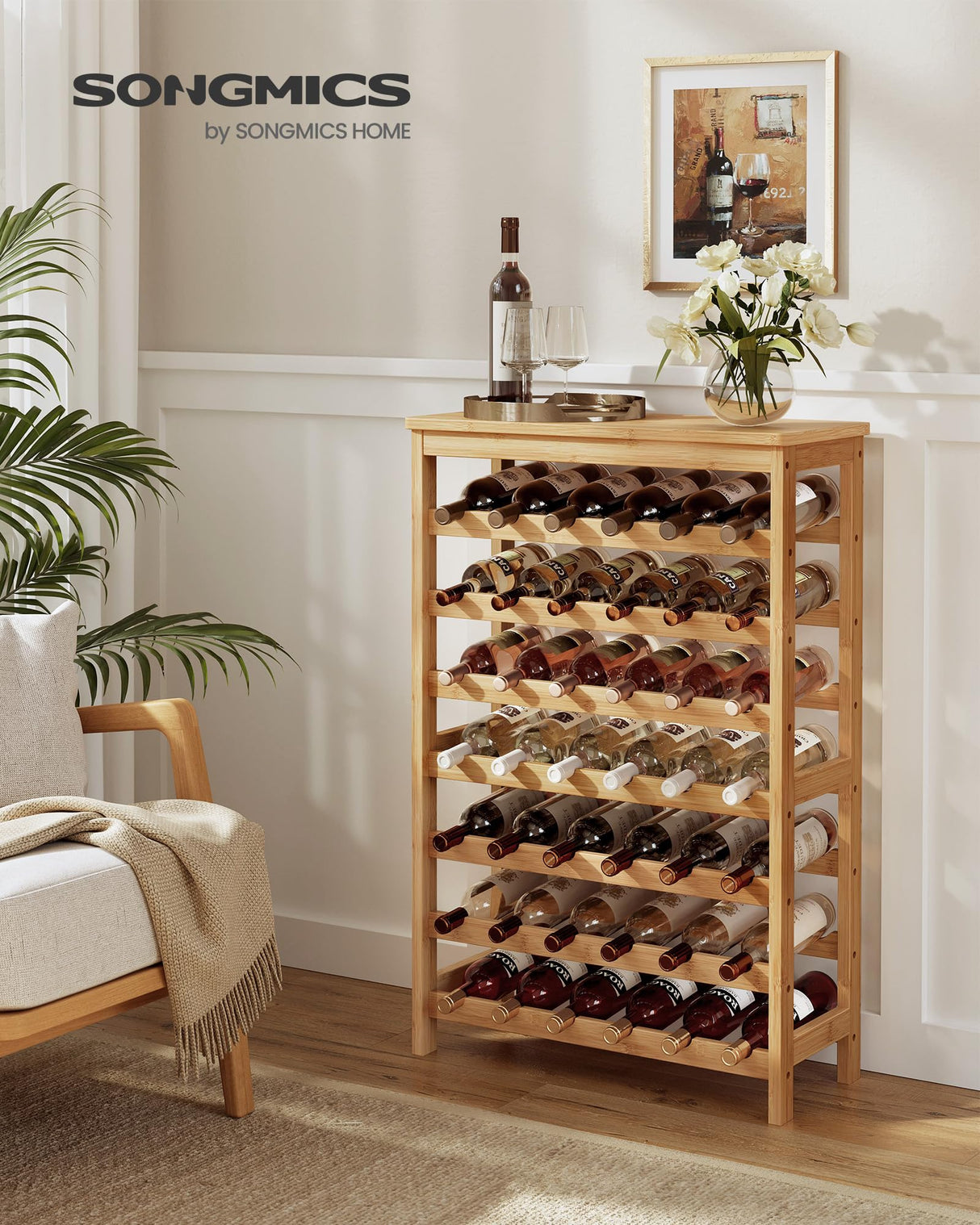 SONGMICS 42-Bottle Wine Rack Free Standing Floor, 7-Tier Display Wine Storage Shelves with Table Top, Bamboo Wobble-Free Bottle Holder for Kitchen Bar Dining Room Living Room, Natural UKWR27NL SONGMICS