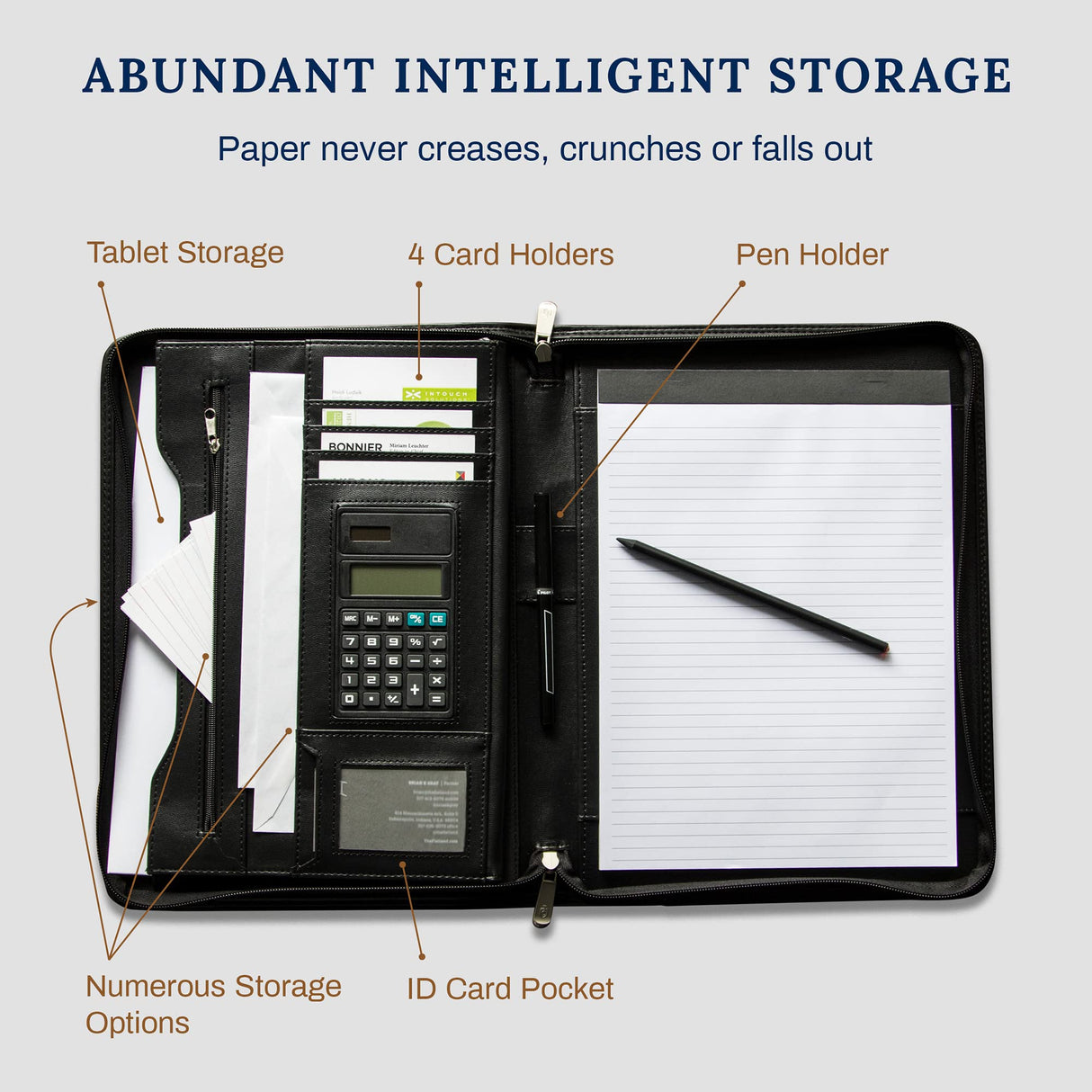 Cossini Black Superior Vegan Leather Business Portfolio with Zipper – Padfolio All-in-One. Smartest Protective 10.1 Inch Tablet Sleeve, Presentation Slot, Solar Calculator, Card Storage, Writing Pad COSSINI