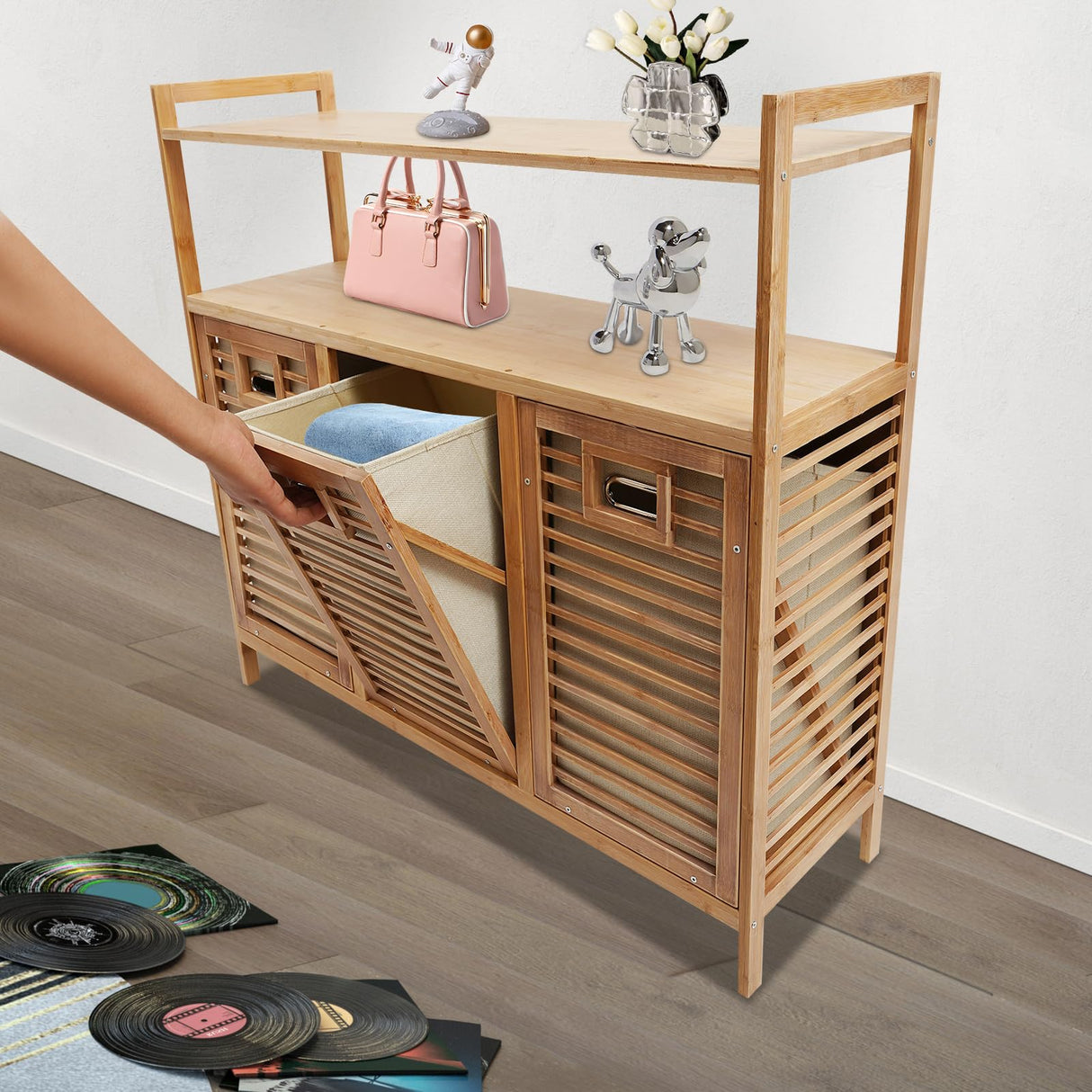 Tilt Out Laundry Hamper, Bamboo Laundry Cabinet for Laundry Room Bathroom Clothes Storage, Modern Bathroom Floor Cabinet Emmliy