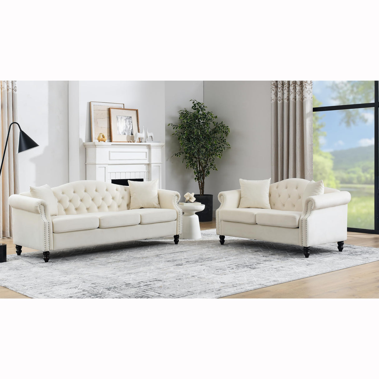LyuHome 5-Seater Chesterfield Velvet Sofa Set,Tufted Sofa Couch Set with Rolled Arms and Nail Head for Living Room,Office,Apartment,Beige(3-Seater + 2-Seater) LyuHome