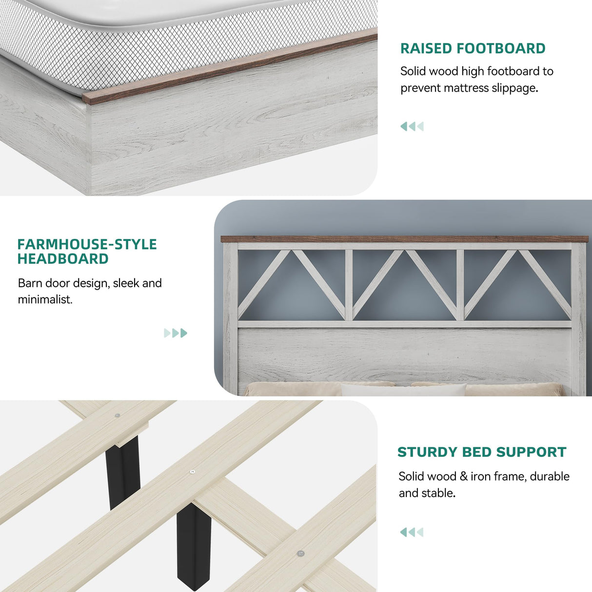 YITAHOME Farmhouse Queen Size Bed Frame with 47.2'' Headboard, Platform Rustic Wood Bed Frame with Slats, Sturdy and Noiseless, No Spring Needed, White YITAHOME