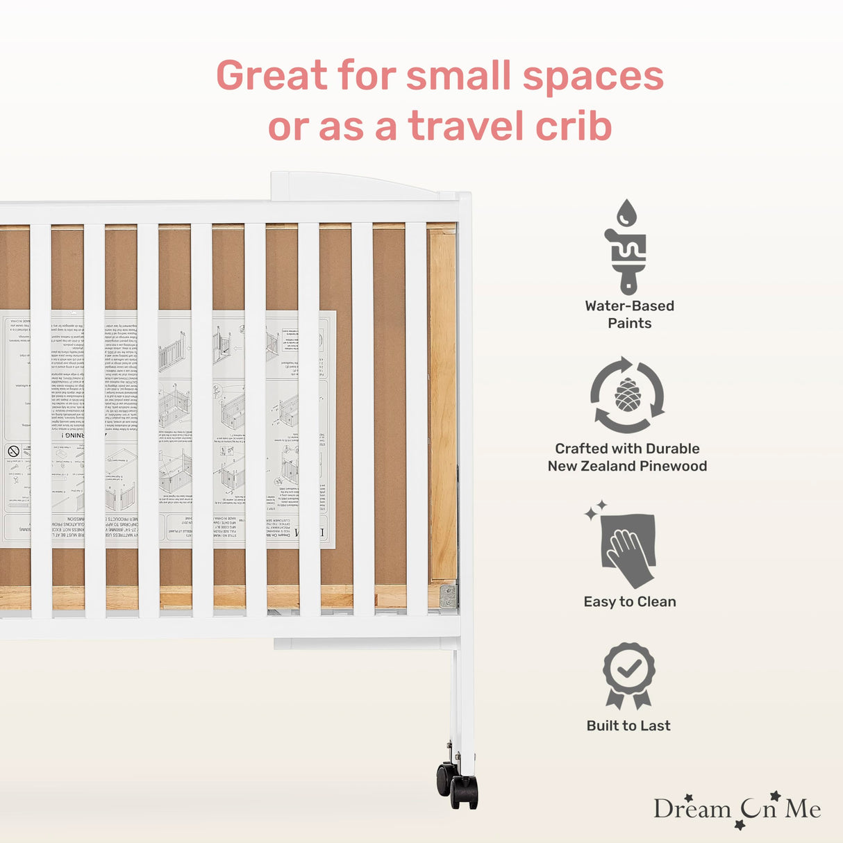 Dream On Me Full Size 2-in-1 Folding Stationary Side Crib In White, Locking Wheels, Folds Flat For Storage, Comes with Teething Guard, Non-Toxic Finish Dream On Me