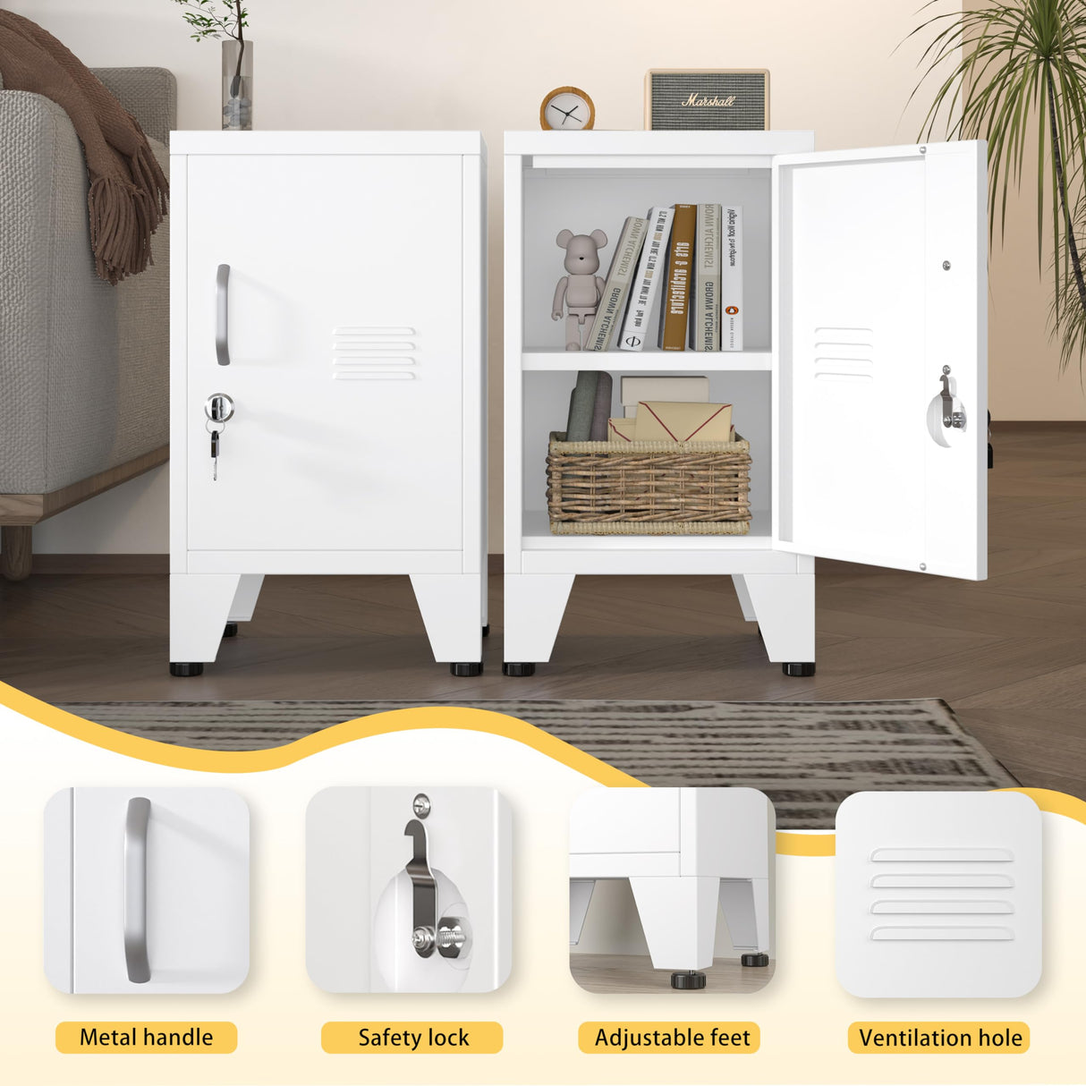 GAIOUS White Nightstand, Single Door Pantry Cabinet with Adjustable Shelf and Feet can be Used as Side Table, Stackable Small Storage Cabinet for Bedroom, Living Room, Office and Gym GAIOUS