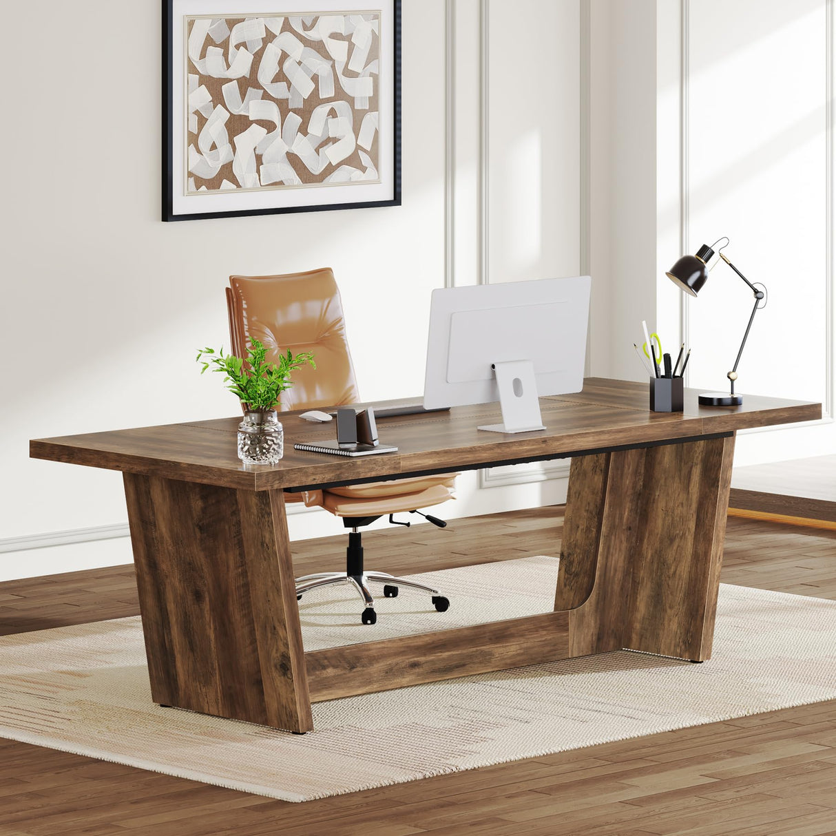 Tribesigns 70.87-Inch Executive Computer Desk: Large Home Office Desk with Solid Wooden Pedestal, Industrial Wood Study Writing Table, Workstation Business Furniture, Brown Tribesigns