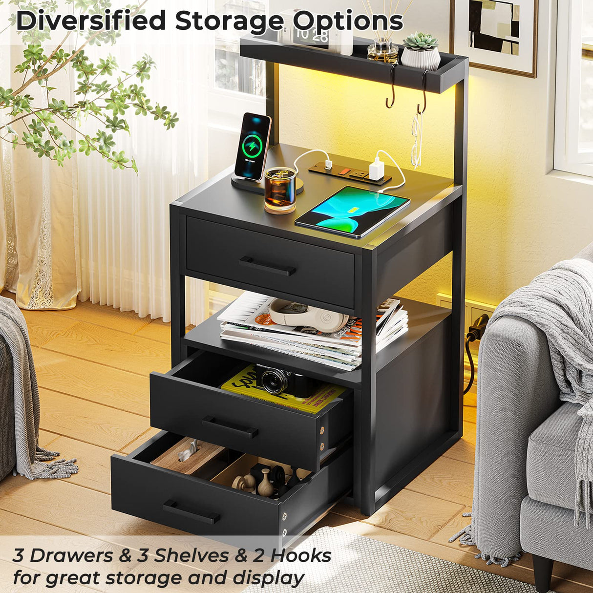 AOGLLATI Nightstand Set of 2 with Charging Station and LED Lights, Bedside Table with 3 Drawers and Open Storage Shelves, 2 USB Ports and 2 AC Outlets, LED Night Stand for Bedroom, 2 Pack, Black AOGLLATI