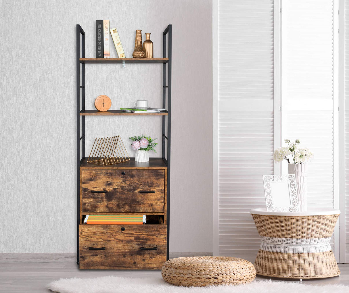 VINGLI Rustic Brown 65.7" Lockable 2 Drawer File Cabinet with Shelves - Versatile Freestanding/Rolling Design for Home Office VINGLI