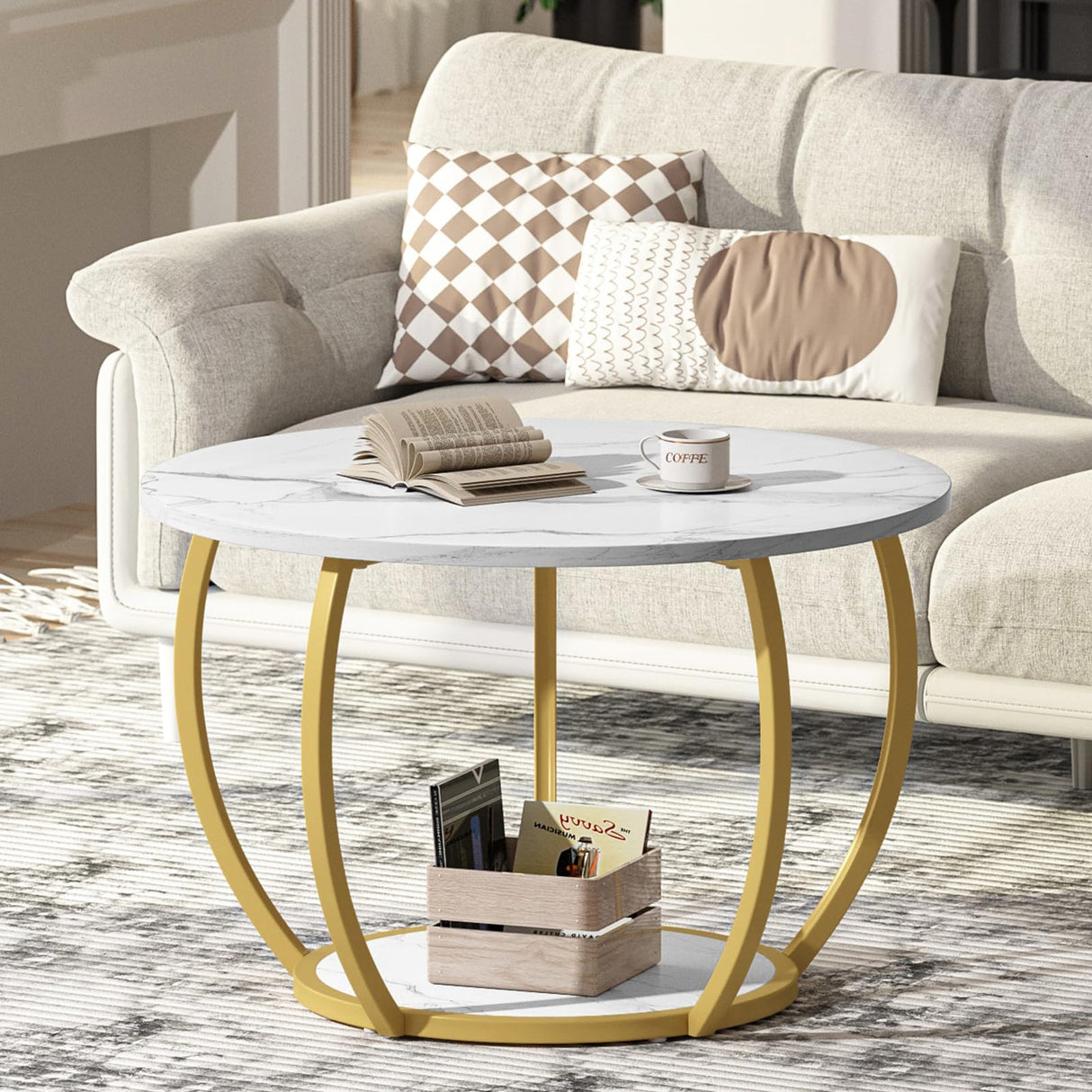 GreenForest Round Coffee Table with Storage, 27.6 inch Small Living Room Tables with Adjustable Feet, 2-Tier Farmhouse Center Table for Home Office, Marble GreenForest