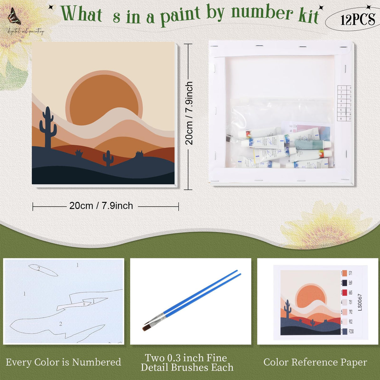 Nezyo 12 Sets Paint by Numbers Kit with Frame for Adult Beginners, DIY Acrylic Paint by Number Canvas for Painting Party, Classroom Activity Birthday Gift, 8 x 8 Inch Nezyo