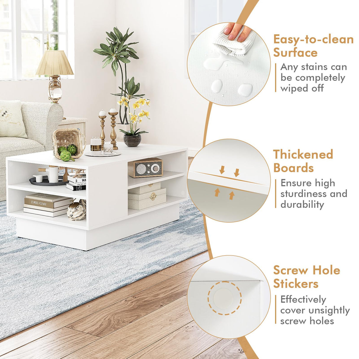 Giantex Coffee Table with Storage, Rectangle Accent Sofa Table with Shelf & Elevated Base, 2-Tier Modern Cocktail Table, Geometric Center Table for Living Room, Reception Room, Lounge, White Giantex