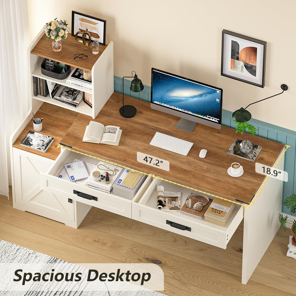 YOMILUVE 60'' Farmhouse Computer Desk with Drawers, Home Office Desk with Bookcase, Vanity Desk Writing Study Table with Storage, Antique White YOMILUVE