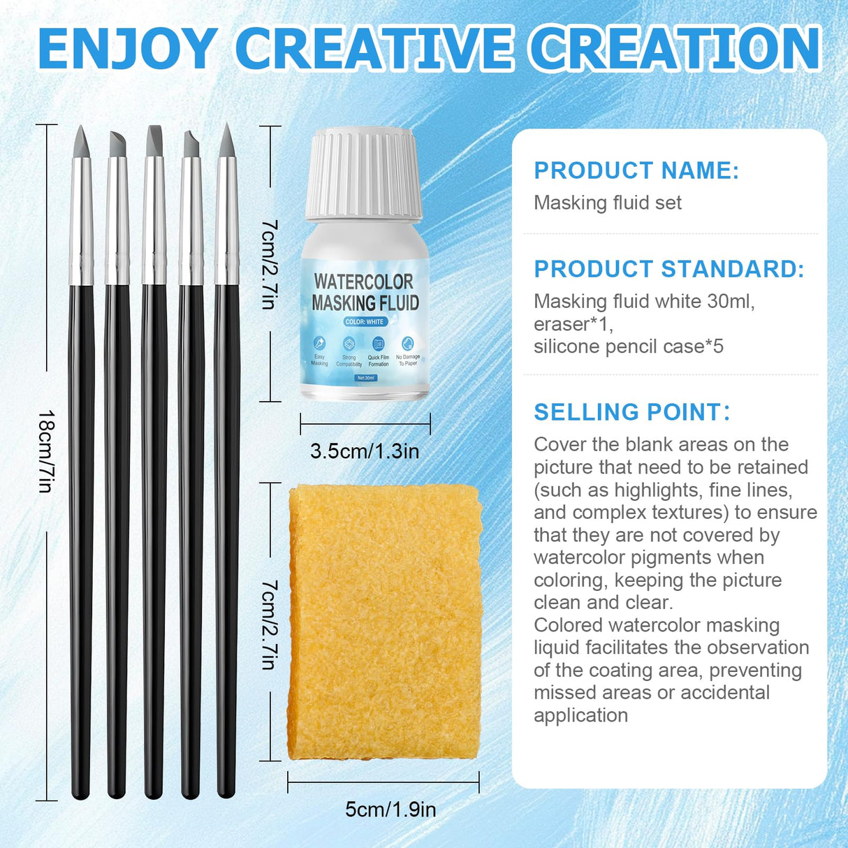 WANJAO Masking Fluid for Watercolor Painting, Liquid Masking Tape with Silicone Pens Cleaning Brush for Painting Fast Drying Easy Peel Use to Art Watercolor Supplies Retouching Covering, 30ml White WANJAO
