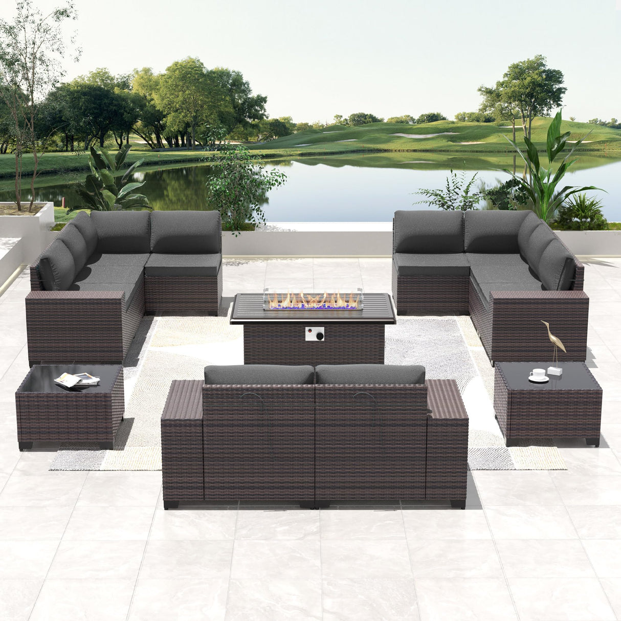 RTDTD Outdoor Patio Furniture Set with Propane Fire Pit Table, 13 Pieces Outdoor Furniture Patio Sectional Sofa Conversation Sets w/ETL Approved 43" Gas Outdoor Fire Table & Coffee Table (Grey) RTDTD
