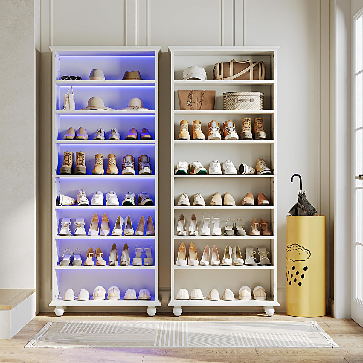 LITTLE TREE 69-Inch Tall Shoe Cabinet with LED Light Strip & Adjustable Shelves, White Wooden 8-Tier Shoes Display Cabinet for 26 Pairs, Freestanding Modern Shoe Cabinet for Entryway LITTLE TREE