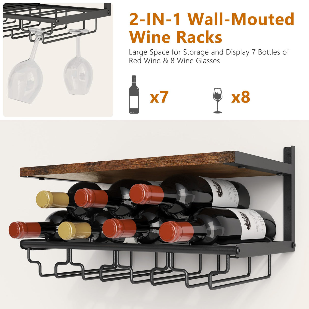 2 Tiers Wine Rack Wall Mounted with Wine Bottle Holder & Wine Glass Rack, Bar Shelves for liquor bottles, Hanging Wine Rack, Wine Storage Display Rack Shelf for Home Bar,Dining Room,Kitchen,Rustic Gewudraw