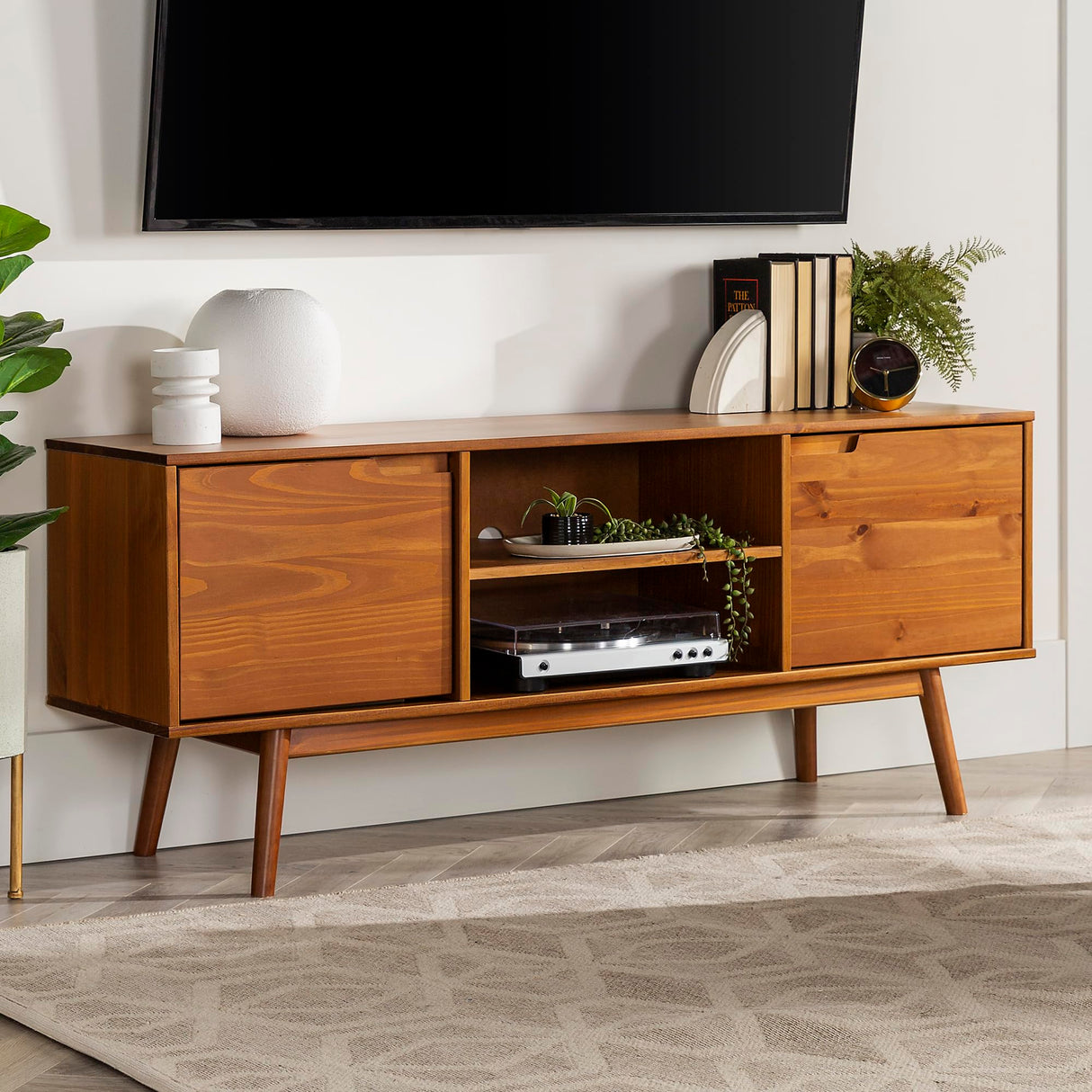Walker Edison Modern 2 Door Solid Wood Stand for TVs up to 65 Inches, 58 Inch, Caramel Walker Edison