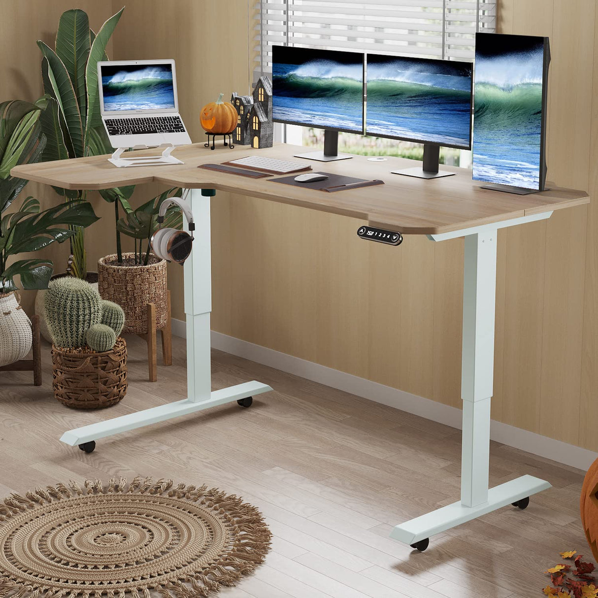 BUNOEM L-Shaped 59" Height Adjustable Electric Standing Desk,Height Stand Up Computer Desk,Sit and Stand Home Office Desk with Splice Board (Oak Top, White Frame) BUNOEM