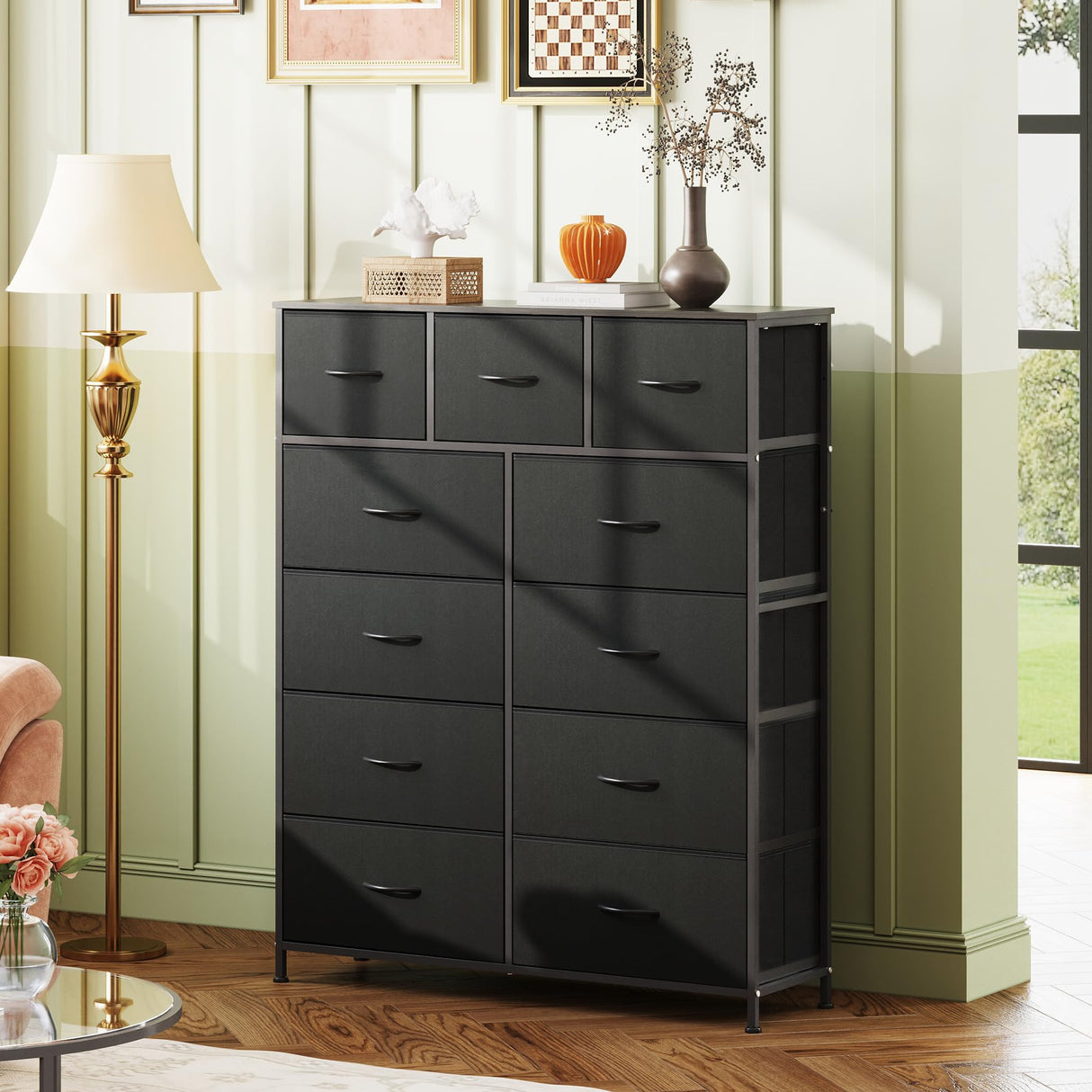 WLIVE Tall Dresser for Bedroom, Fabric Dresser Storage Tower, Dresser & Chest of Drawers Organizer Unit with 11 Drawers, Storage Cabinet, Hallway, Closets, Steel Frame, Wood Top WLIVE