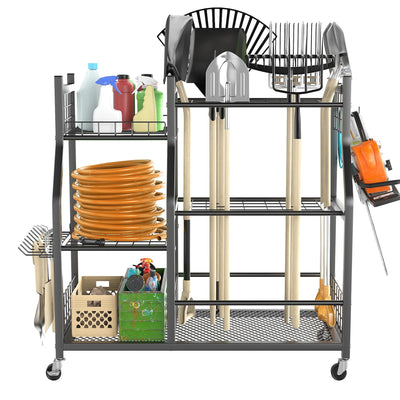 TORACK Garden Tool Organizer with Wheels, Rakes Shovels Yard Tools Stand for Garage, Shed, Garden, Indoor/Outdoor Long-Handled Tools Cart